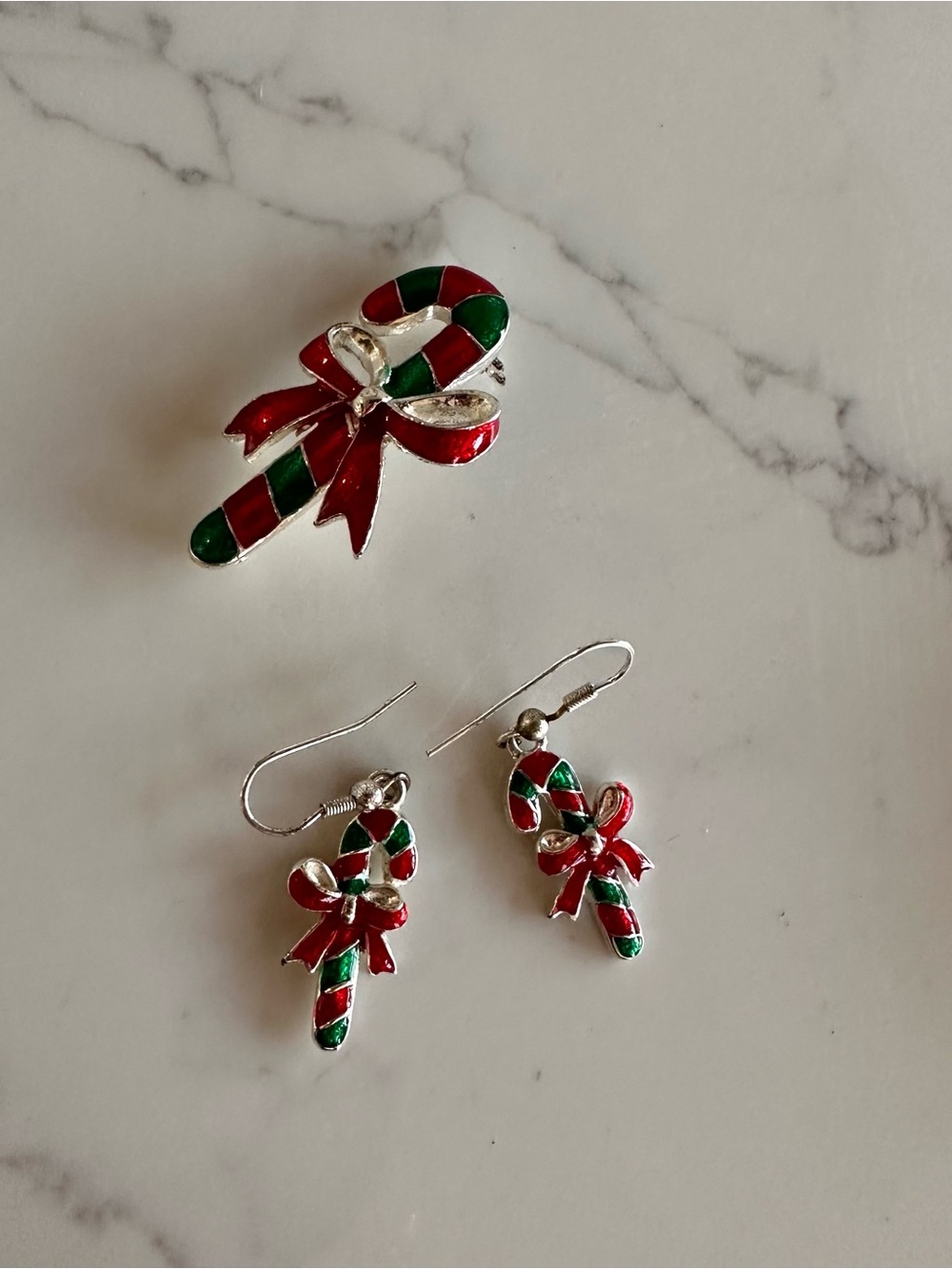 Festive Red & Green Candy Cane Earring and Brooch Set